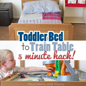 Turn a toddler bed into a train table in less than 5 minutes! with this crazy simple hack!