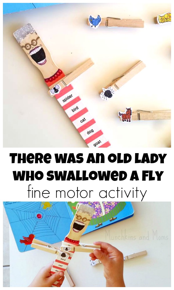 Fine motor and story retelling activit for "Thre Was an Old Lady Who Swallowed a Fly" LOVE this!