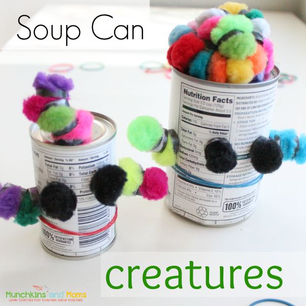 Make silly creature creations out of soup cans (ans a few other supplies you alrady have lying around)! Makes a great toddler activity while you cook dinner!