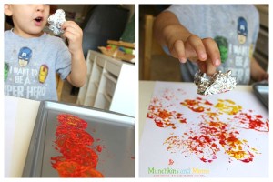 Painting fall trees with foil- a great preschool art activity!