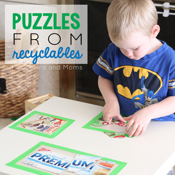 Make simple toddler and preschool puzzles out of recyclables!