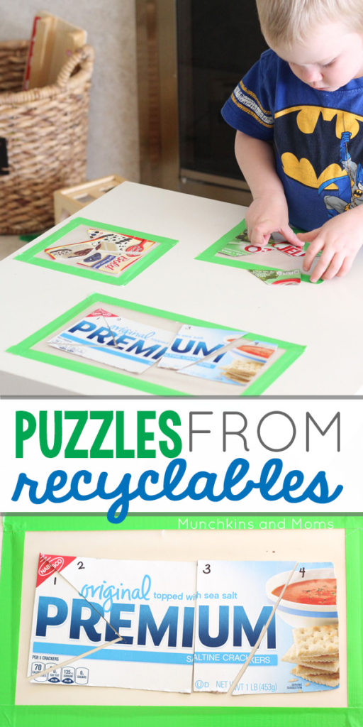 Make simple toddler and preschool puzzles out of recyclables!
