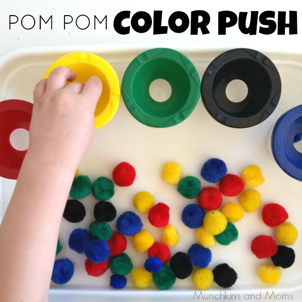 pom pom color push- w fun unique way to sort colors! Gives preschoolers and toddlers fine motor practice as well.