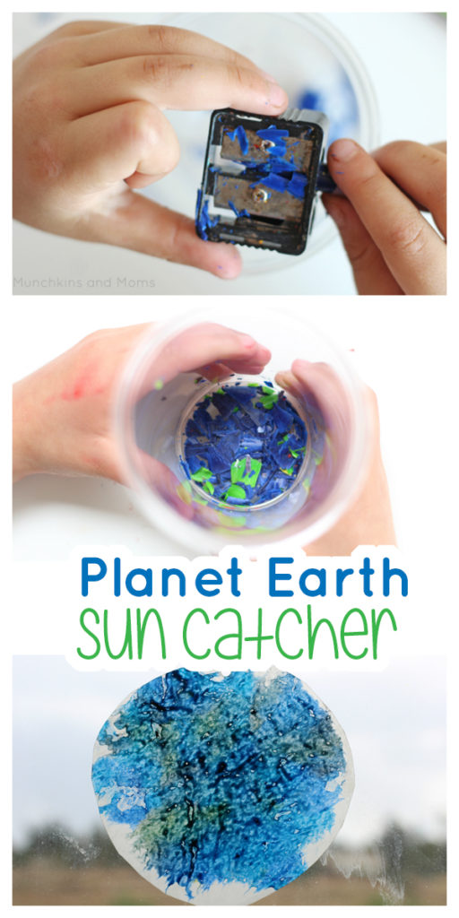 Make this super simple planet Earth Sun Catcher with preschoolers! use it during a unit on the solar system, space, or for Earth Day.