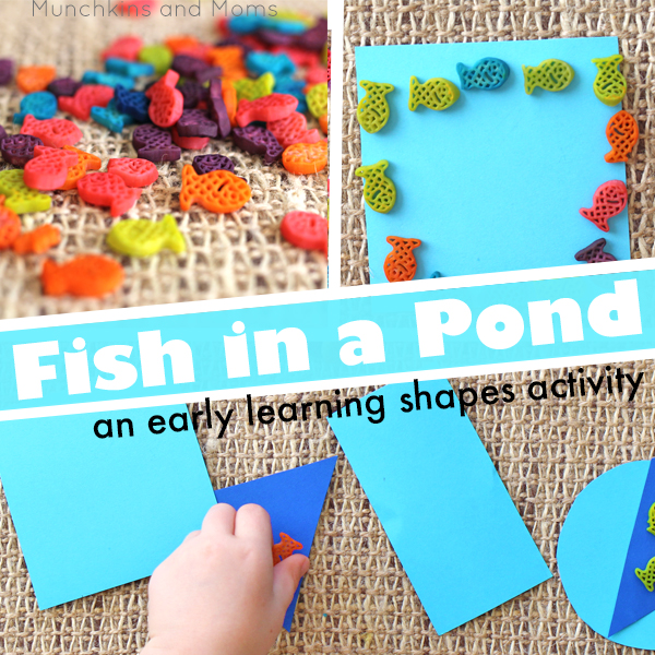 Fish in a Pond preschool math activity- we use this for counting, estimating, and shape recognition. Love that it uses simple dyed pasta fish as the manipulative!