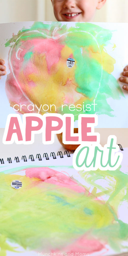 Preschool fall art project- Crayon resist apple painting. LOVE the apple label added right on the painting!