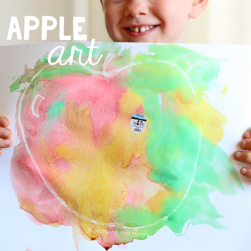 Preschool fall art project- Crayon resist apple painting. LOVE the apple label added right on the painting! 