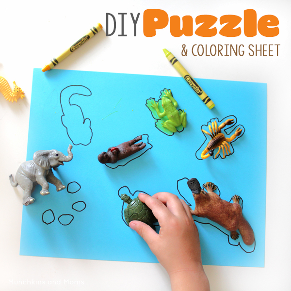 Make a simple puzzle for preschoolers and toddlers using animal toys! When kids are done with the puzzle, they have a simple coloring sheet to do as well.