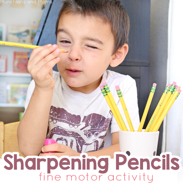 Sharpening pencils used to be the coolest job in the class! Give preschoolers a chance to sharpen pencils to work on their fine motor skills.