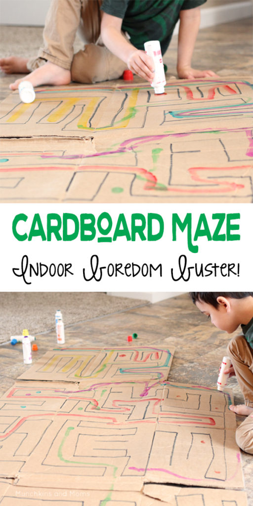 Make a giant maze from a cardboard box! This is a great boredom buster for kids who are stuck indoors!