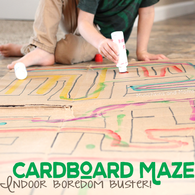 Make a giant maze from a cardboard box! This is a great boredom buster for kids who are stuck indoors!