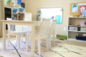 A homeschool room that looks neat and modern! Inspiration for homeschool room set-up.