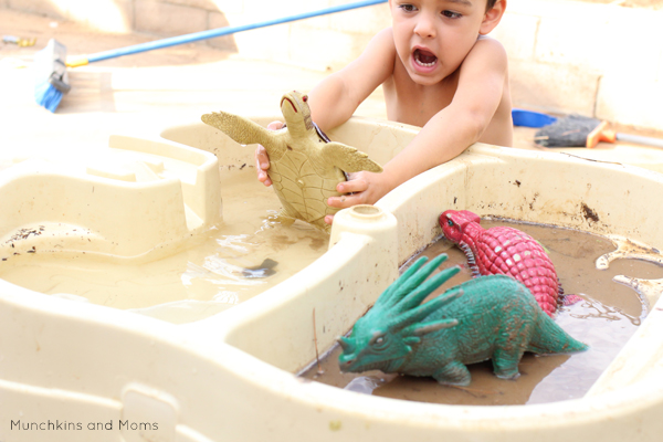Dinosaur Mud Play- a great preschool sensory activity for our dinosaur theme! 