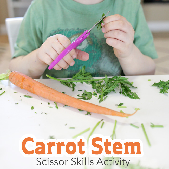 This scissor skills activity is great to include in a spring preschool unit (gardening, Easter, vegetables).