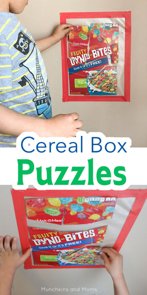 Make simple puzzles from cereal boxes! This is a great morning activity for preschoolers and toddlers!