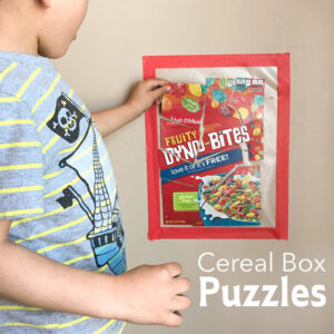 Make simple puzzles from cereal boxes! This is a great morning activity for preschoolers and toddlers!