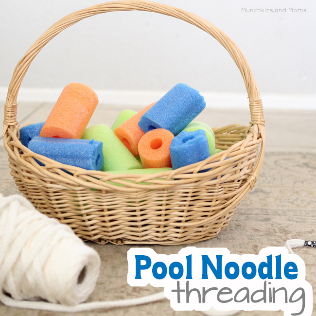 Use pool noodles for an extra-large threading activity for preschoolers!